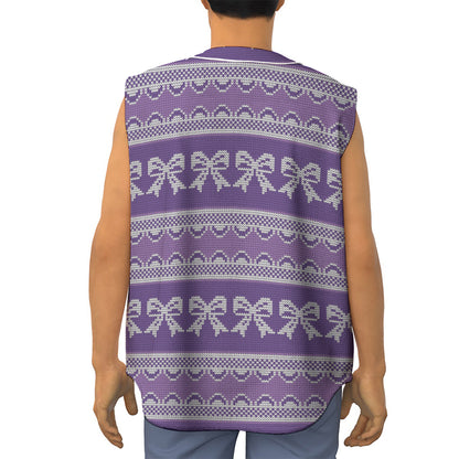 Purple Ribbon Knitted Pattern Print Sleeveless Baseball Jersey