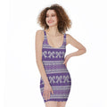 Purple Ribbon Knitted Pattern Print Sleeveless Bodycon Dress