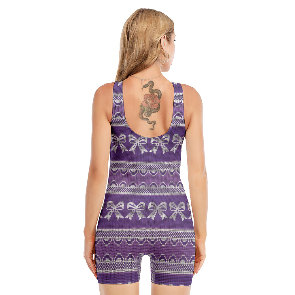 Purple Ribbon Knitted Pattern Print Sleeveless One Piece Swimsuit