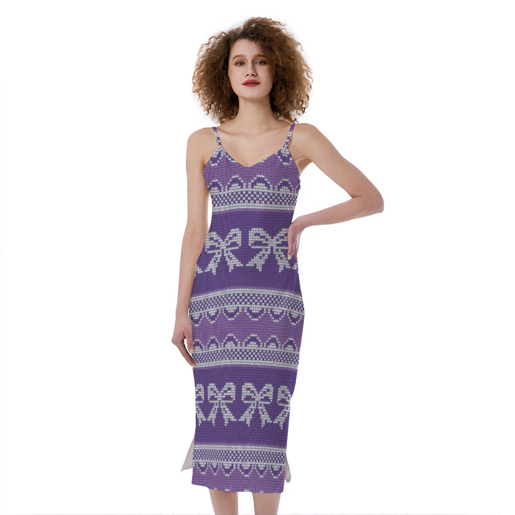 Purple Ribbon Knitted Pattern Print Slim Fit Midi Cami Dress
