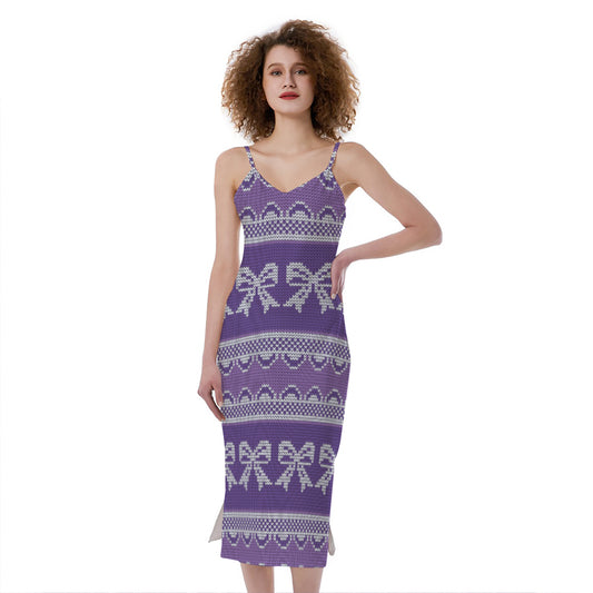 Purple Ribbon Knitted Pattern Print Slim Fit Midi Cami Dress