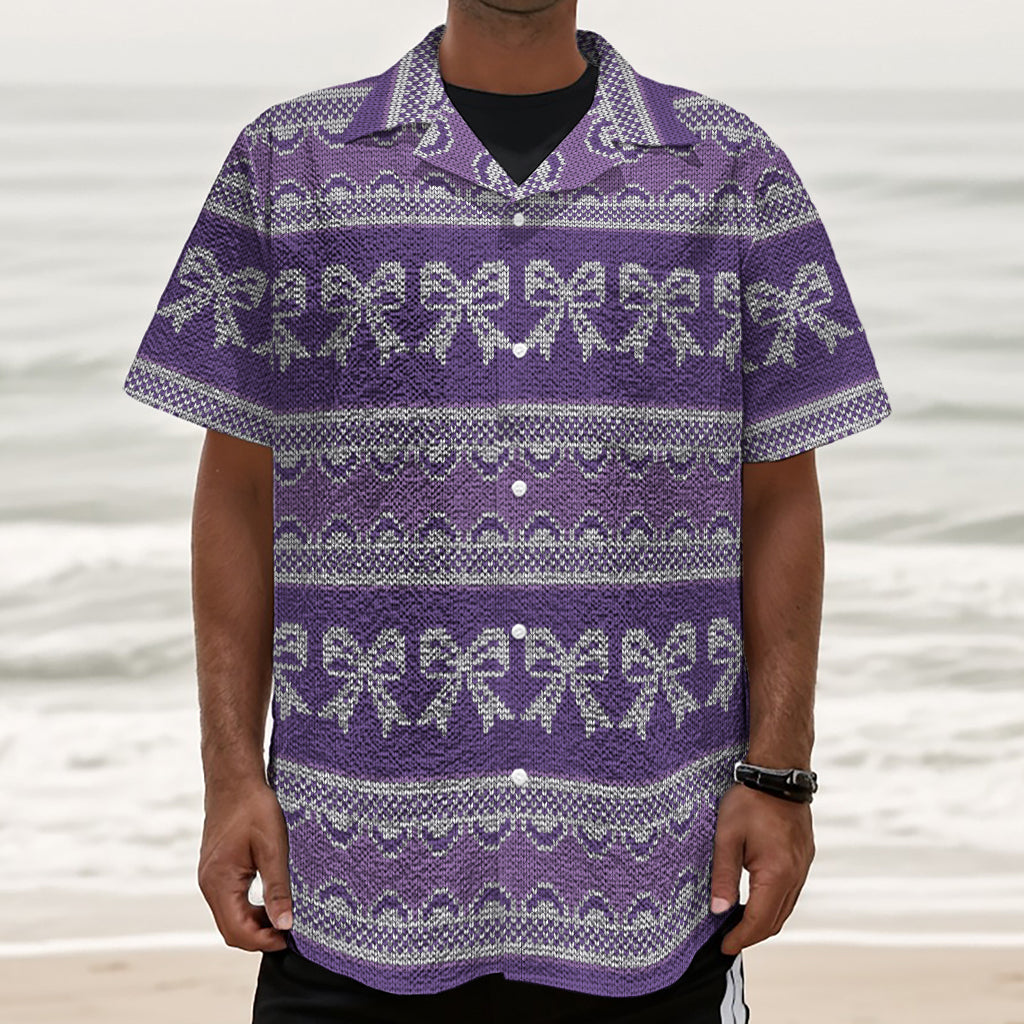 Purple Ribbon Knitted Pattern Print Textured Short Sleeve Shirt