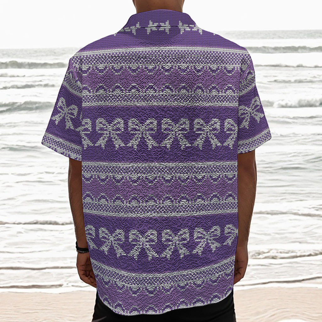 Purple Ribbon Knitted Pattern Print Textured Short Sleeve Shirt