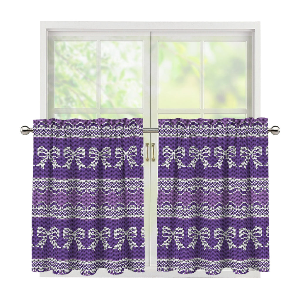 Purple Ribbon Knitted Pattern Print Tier Curtains