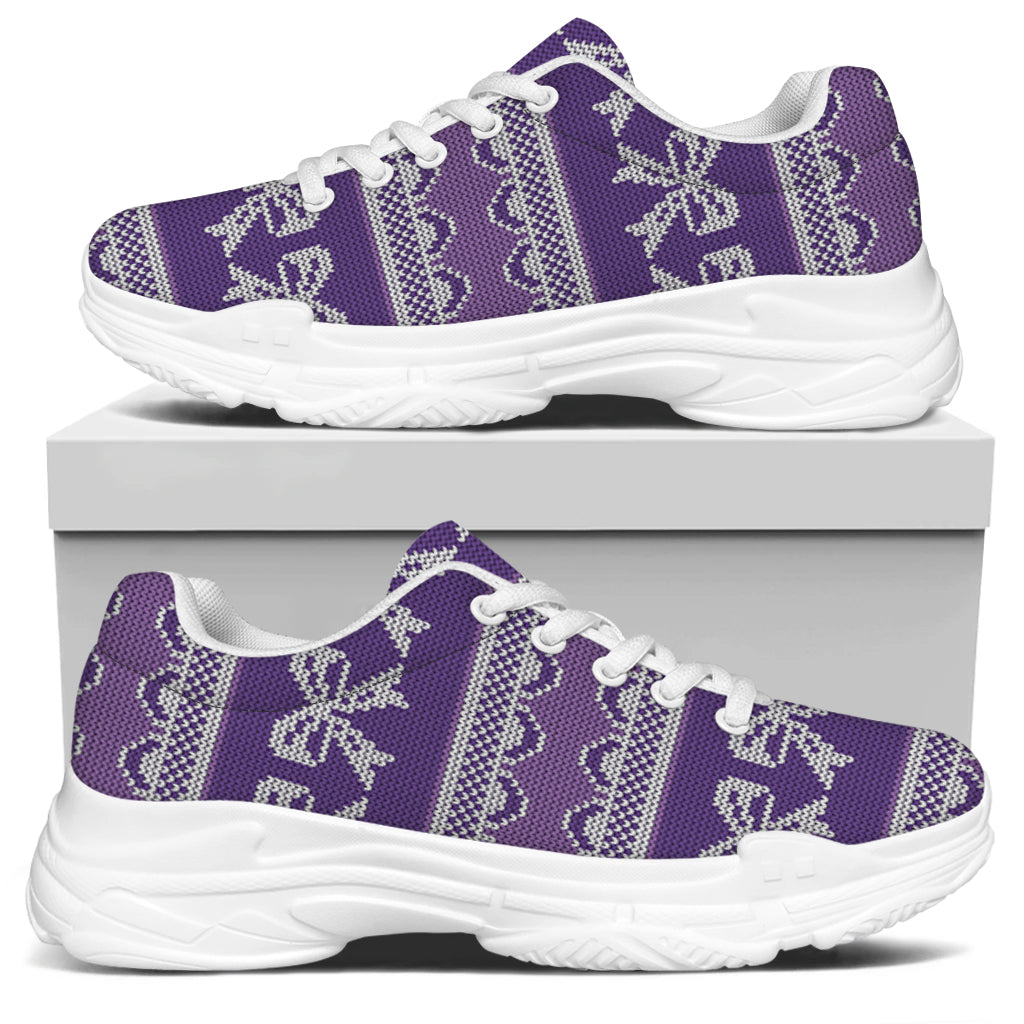 Purple Ribbon Knitted Pattern Print White Chunky Shoes