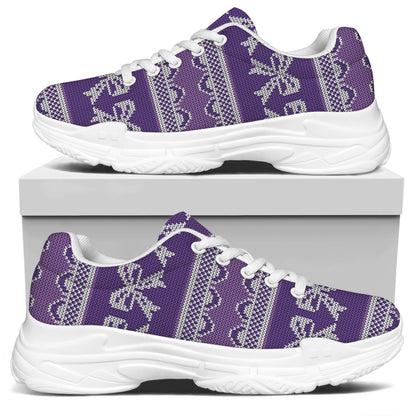 Purple Ribbon Knitted Pattern Print White Chunky Shoes