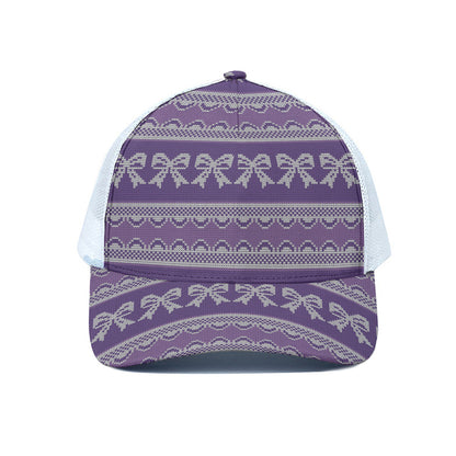 Purple Ribbon Knitted Pattern Print White Mesh Trucker Cap