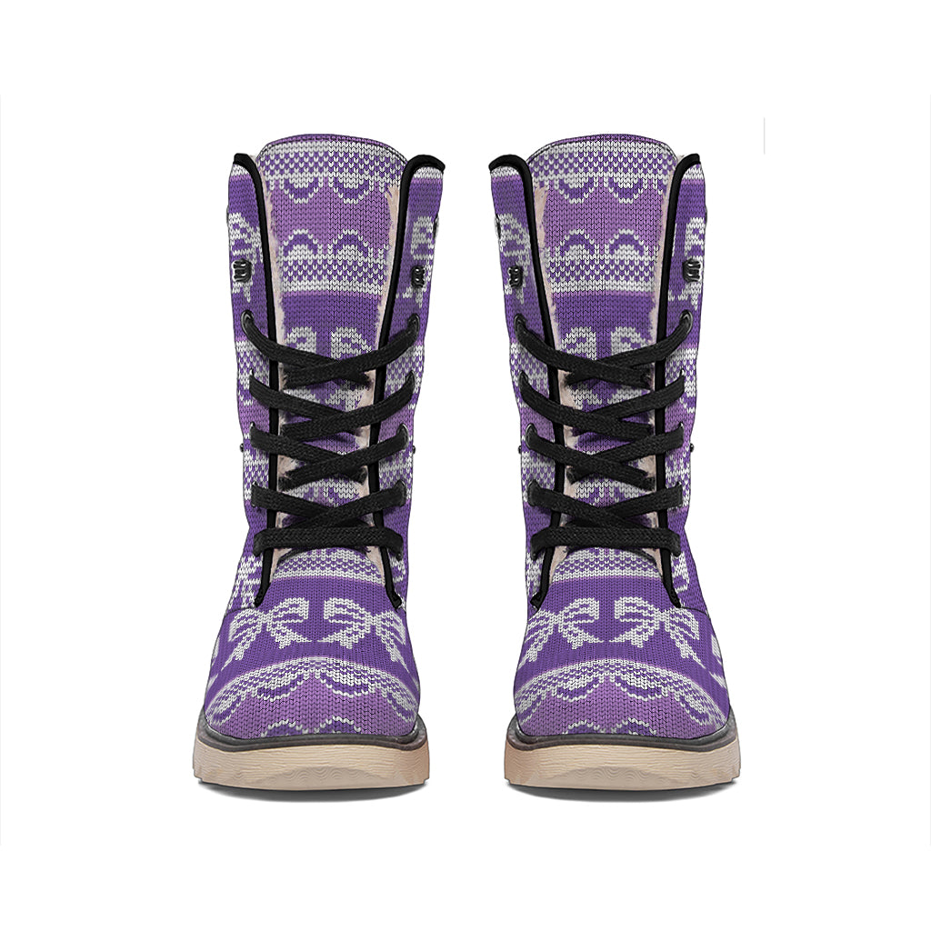 Purple Ribbon Knitted Pattern Print Winter Boots