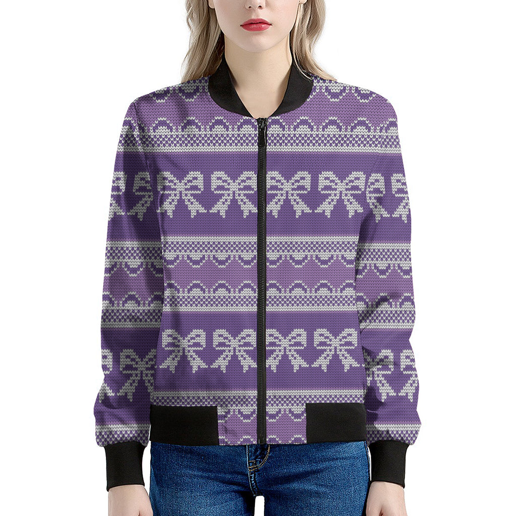 Purple Ribbon Knitted Pattern Print Women's Bomber Jacket