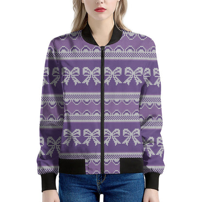 Purple Ribbon Knitted Pattern Print Women's Bomber Jacket