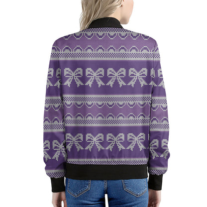 Purple Ribbon Knitted Pattern Print Women's Bomber Jacket