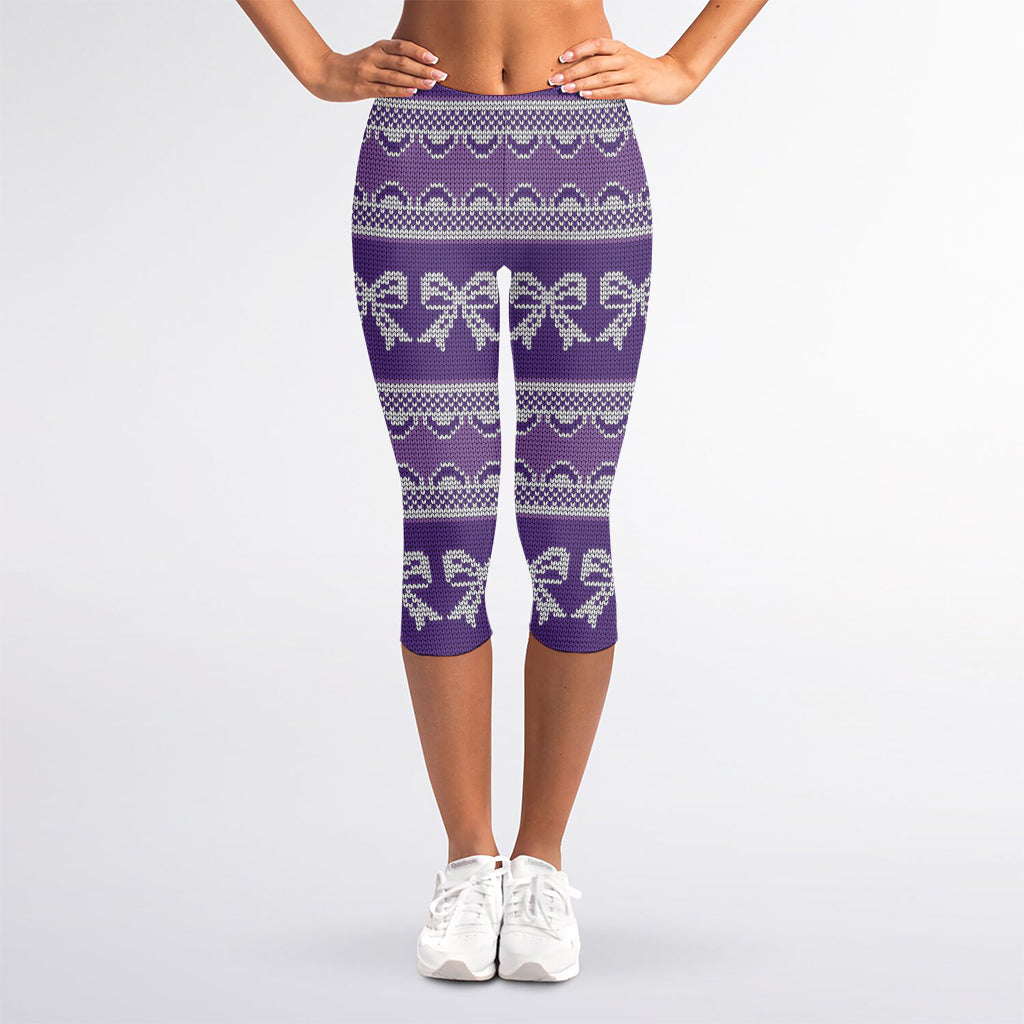 Purple Ribbon Knitted Pattern Print Women's Capri Leggings