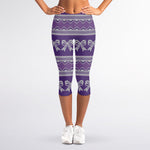 Purple Ribbon Knitted Pattern Print Women's Capri Leggings