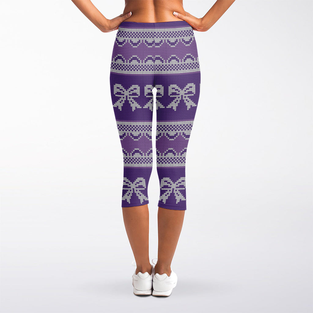 Purple Ribbon Knitted Pattern Print Women's Capri Leggings