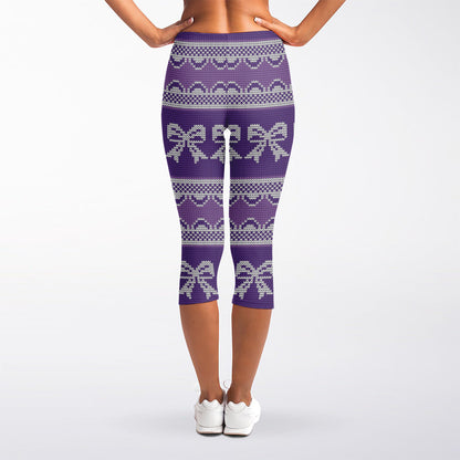 Purple Ribbon Knitted Pattern Print Women's Capri Leggings
