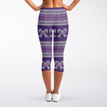 Purple Ribbon Knitted Pattern Print Women's Capri Leggings