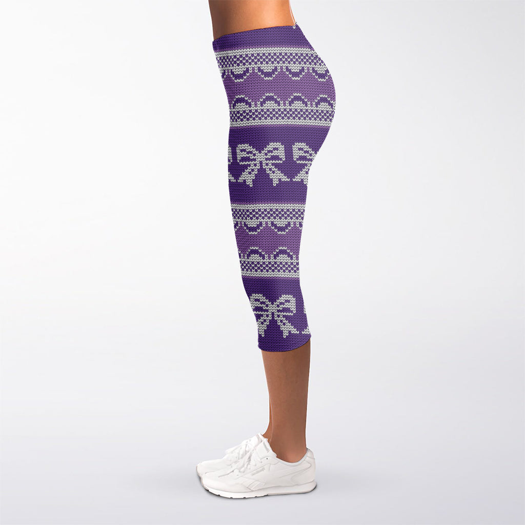 Purple Ribbon Knitted Pattern Print Women's Capri Leggings