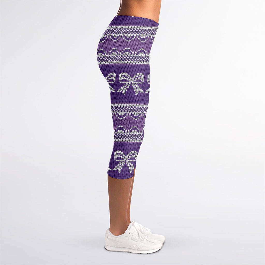 Purple Ribbon Knitted Pattern Print Women's Capri Leggings