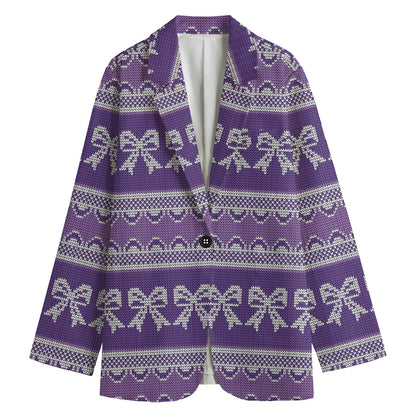 Purple Ribbon Knitted Pattern Print Women's Cotton Blazer