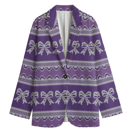 Purple Ribbon Knitted Pattern Print Women's Cotton Blazer