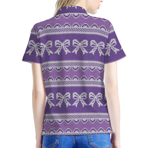 Purple Ribbon Knitted Pattern Print Women's Polo Shirt