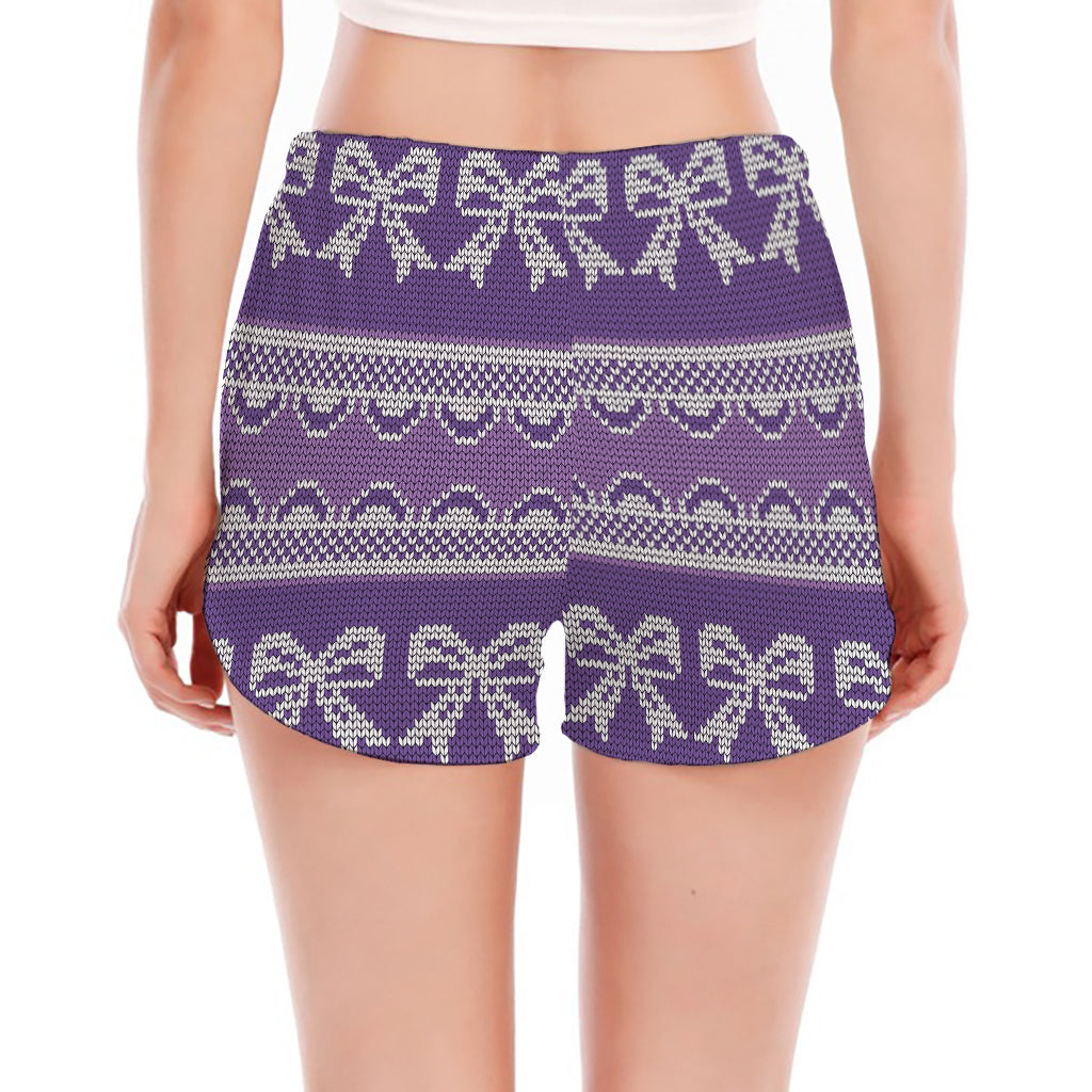 Purple Ribbon Knitted Pattern Print Women's Split Running Shorts