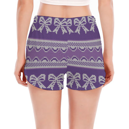 Purple Ribbon Knitted Pattern Print Women's Split Running Shorts