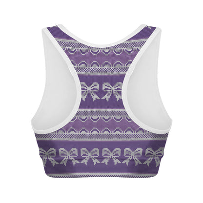 Purple Ribbon Knitted Pattern Print Women's Sports Bra