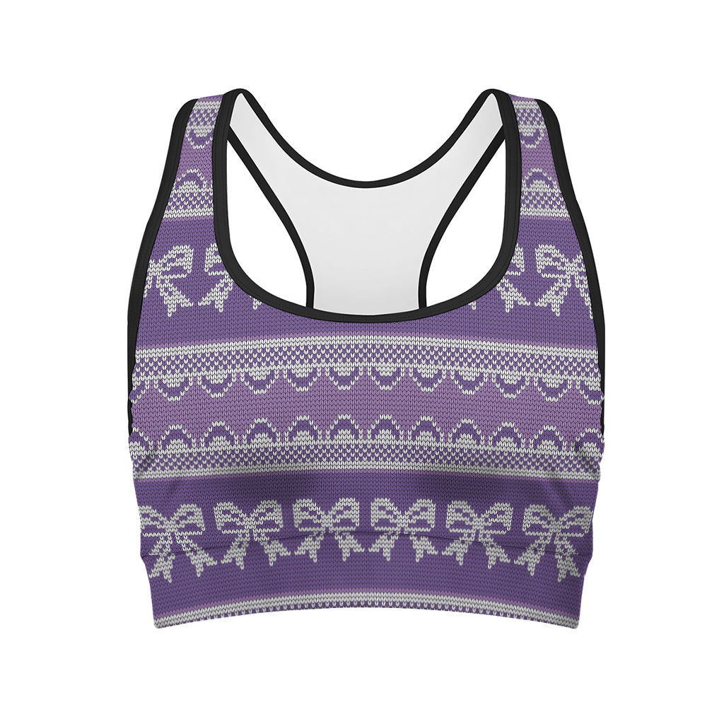 Purple Ribbon Knitted Pattern Print Women's Sports Bra