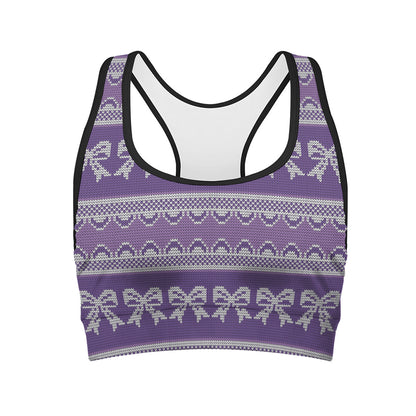 Purple Ribbon Knitted Pattern Print Women's Sports Bra