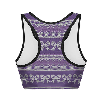 Purple Ribbon Knitted Pattern Print Women's Sports Bra