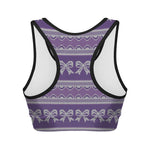 Purple Ribbon Knitted Pattern Print Women's Sports Bra