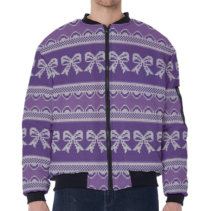 Purple Ribbon Knitted Pattern Print Zip Sleeve Bomber Jacket