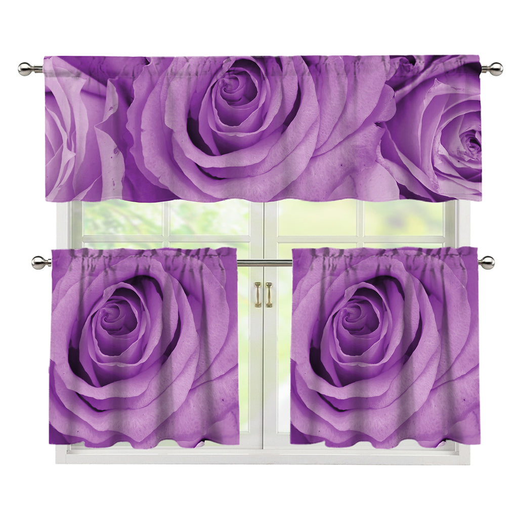 Purple Rose Print 3 Piece Kitchen Curtains