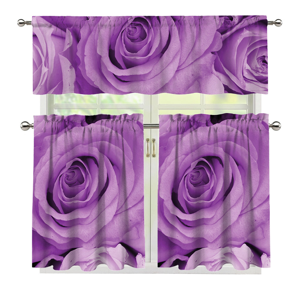 Purple Rose Print 3 Piece Kitchen Curtains