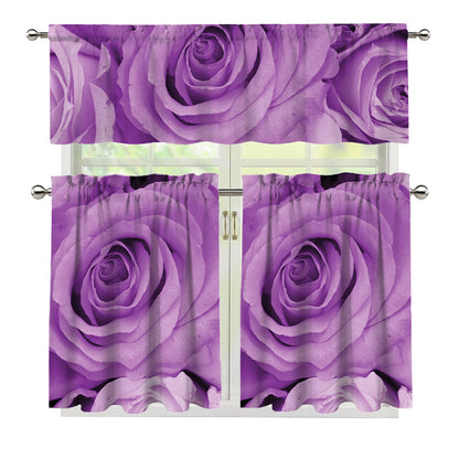 Purple Rose Print 3 Piece Kitchen Curtains