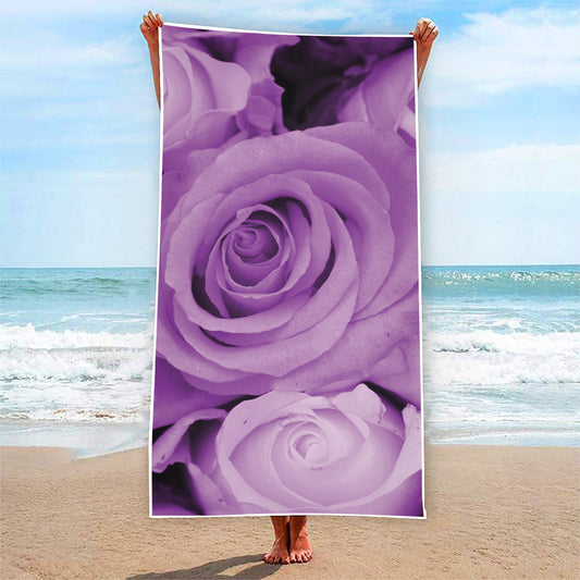 Purple Rose Print Beach Towel