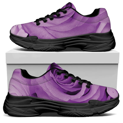 Purple Rose Print Black Chunky Shoes