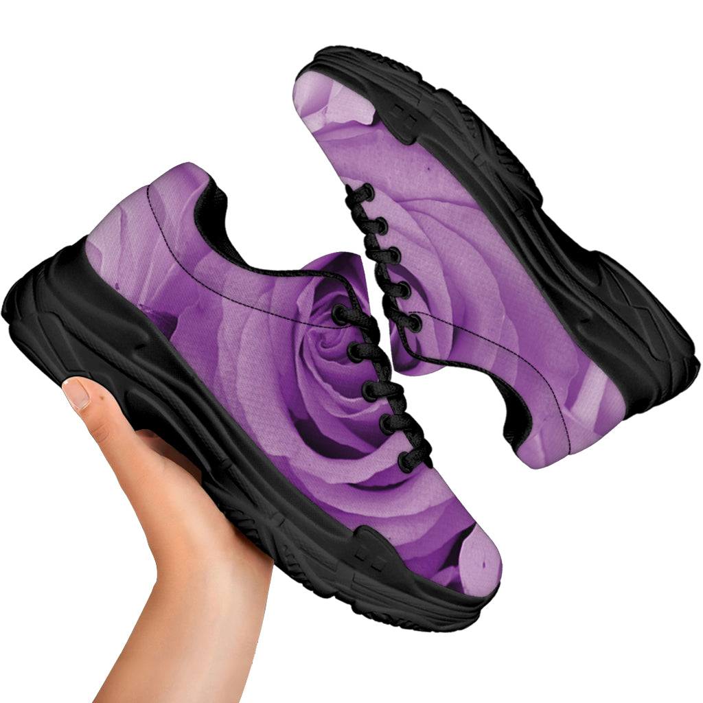 Purple Rose Print Black Chunky Shoes