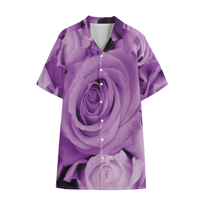 Purple Rose Print Cotton Hawaiian Shirt