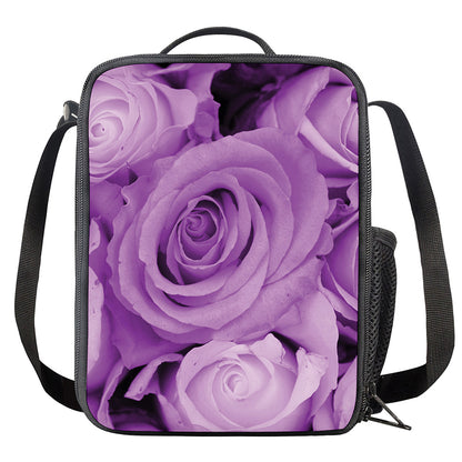 Purple Rose Print Crossbody Lunch Bag
