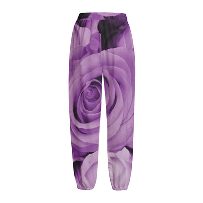 Purple Rose Print Fleece Lined Knit Pants