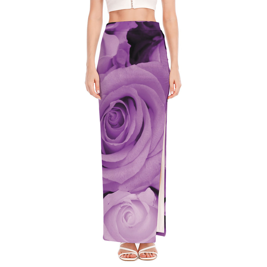 Purple Rose Print High Slit Maxi Skirt