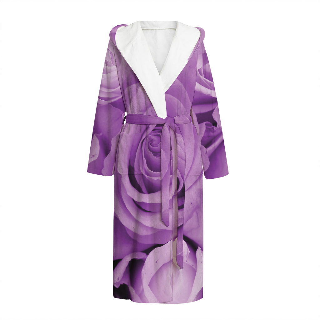 Purple Rose Print Hooded Bathrobe