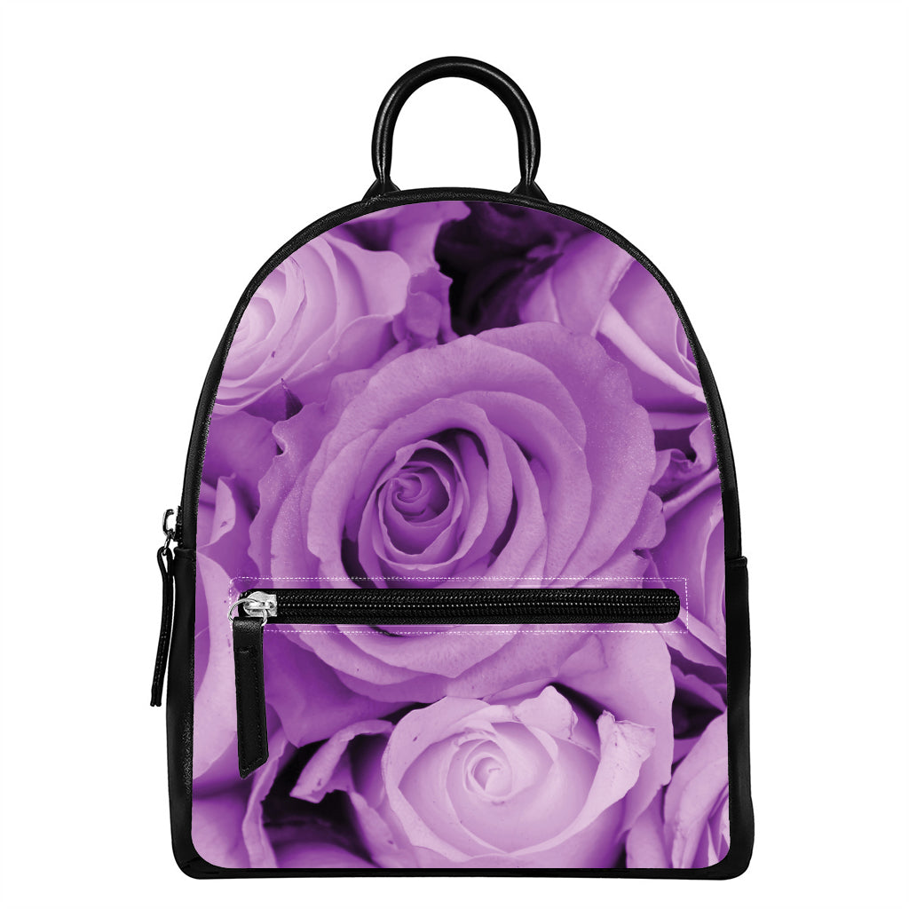 Purple Rose Print Leather Backpack