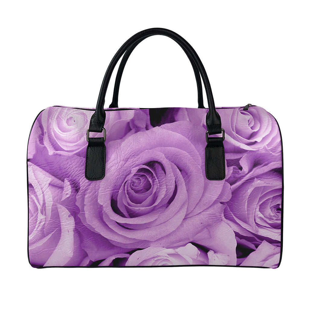 Purple Rose Print Leather Duffle Bag