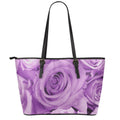 Purple Rose Print Leather Tote Bag With Zipper