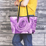 Purple Rose Print Leather Tote Bag