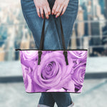 Purple Rose Print Leather Tote Bag