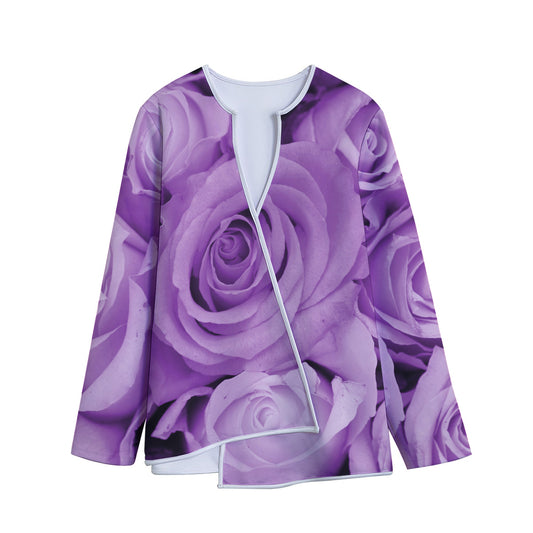Purple Rose Print Long Sleeve Short Coat